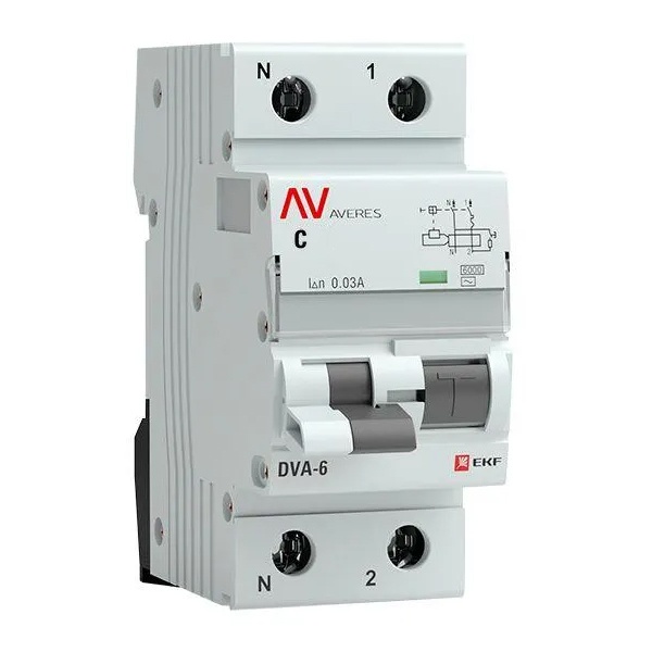 Дифавтомат EKF AVERES DVA-6 C16А 1P+N 30мА тип A однофазный электромеханический 6кА (дифференциальный автомат, АВДТ)
