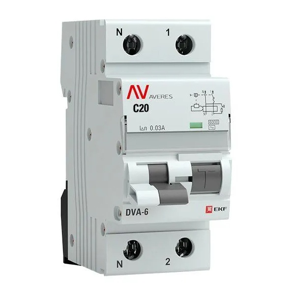Дифавтомат EKF AVERES DVA-6 C20А 1P+N 30мА тип A однофазный электромеханический 6кА (дифференциальный автомат, АВДТ)