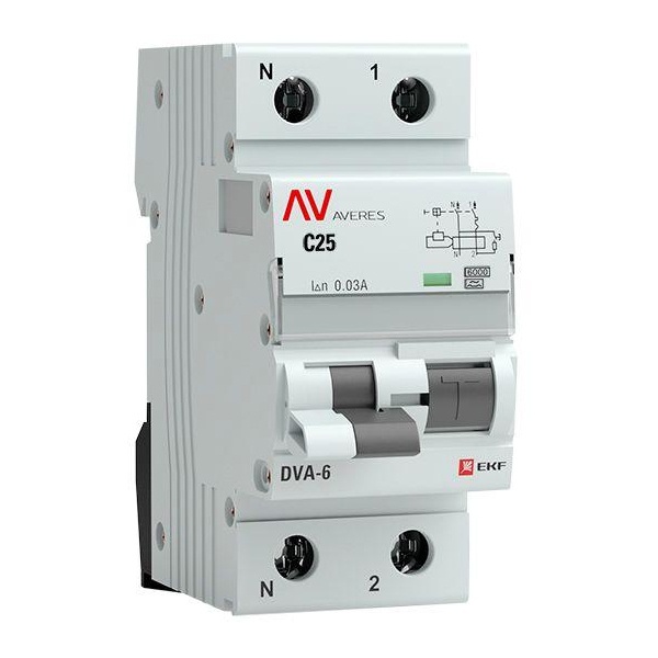 Дифавтомат EKF AVERES DVA-6 C25А 1P+N 30мА тип AC однофазный электромеханический 6кА (дифференциальный автомат, АВДТ)