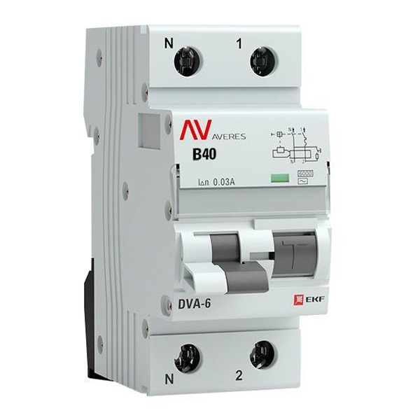 Дифавтомат EKF AVERES DVA-6 C40А 1P+N 30мА тип AC однофазный электромеханический 6кА (дифференциальный автомат, АВДТ)