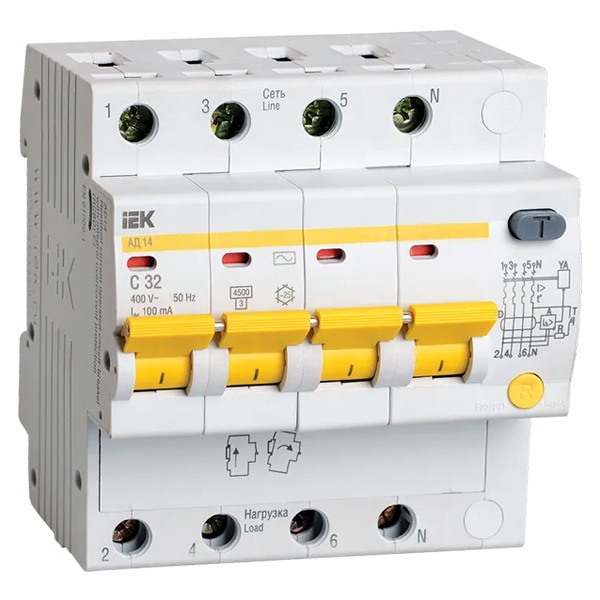 Дифференциальный автомат ИЭК АД14 C32А 4П 100мА тип АС трехфазный электронный 4,5кА (дифавтомат, АВДТ)