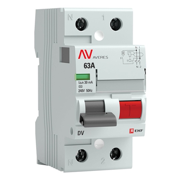 Устройство защитного отключения УЗО EKF AVERES DV 2P 63А 30мА (электромеханическое) АС (ВДТ)