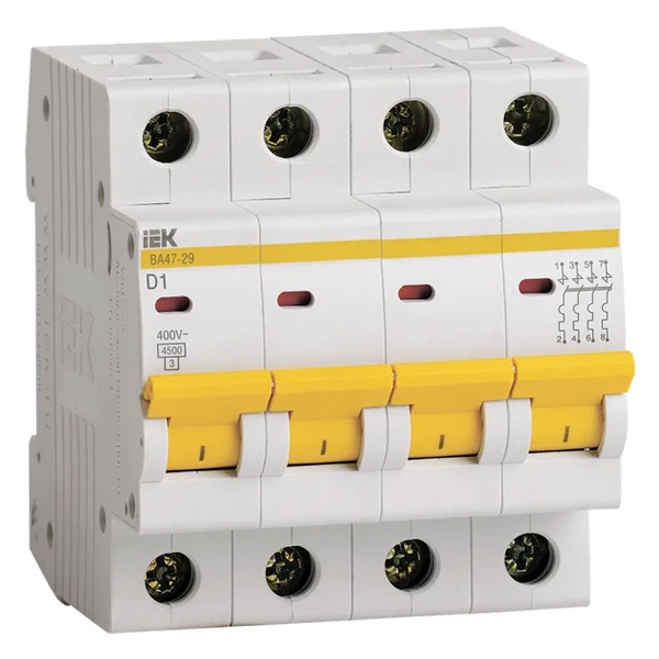 Автоматический выключатель ИЭК ВА47-29 4Р 1А 4,5кА характеристика D (автомат электрический)