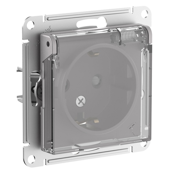 Розетка SE AtlasDesign 2P+E шторки с прозрачной крышкой 16А IP44 Aqua, алюминий
