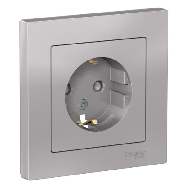 Розетка с заземлением со шторками SE AtlasDesign 16А в сборе, алюминий [уп 10 шт]