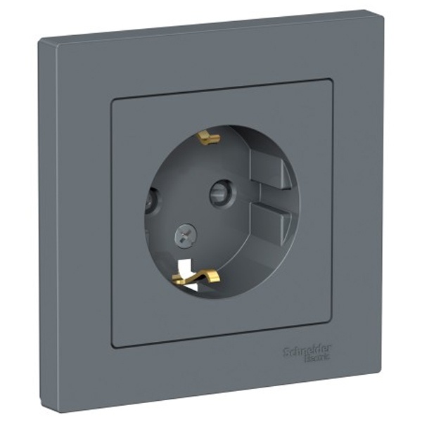 Розетка с заземлением со шторками SE AtlasDesign 16А в сборе, грифель [уп 10 шт]