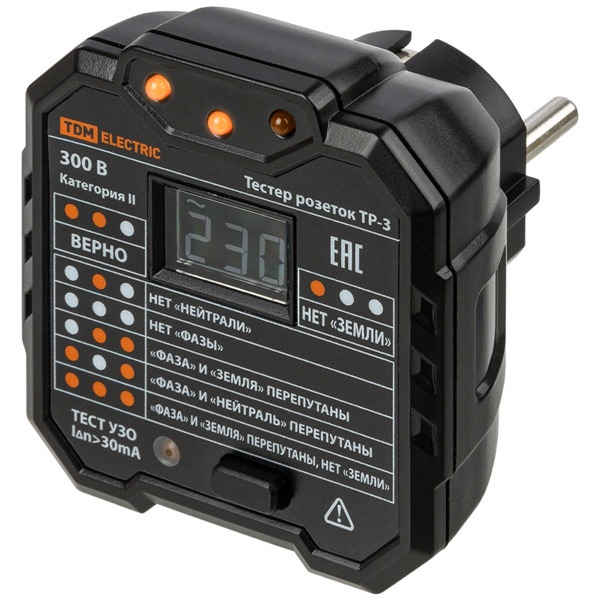 Тестер розеток TDM и УЗО ТР-3 с индикацией напряжения (ВДТ)