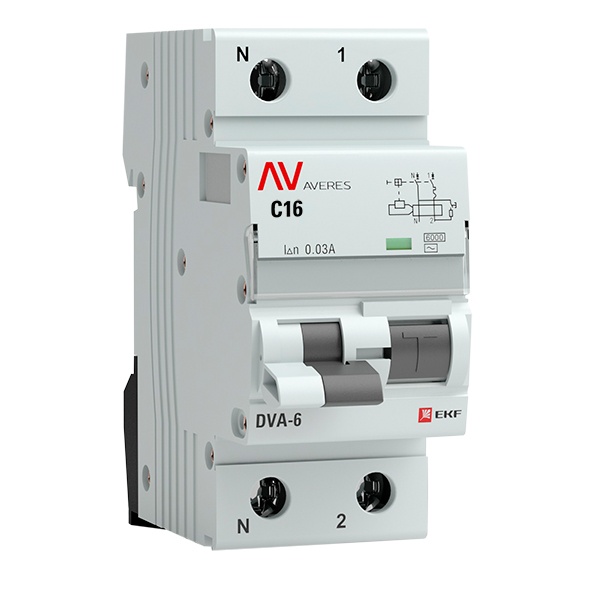 Дифавтомат EKF AVERES DVA-6 C16А 1P+N 30мА тип AC однофазный электромеханический 6кА (дифференциальный автомат, АВДТ)