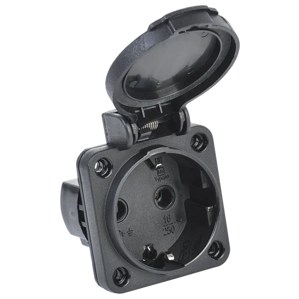 Розетка на панель с заземлением ИЭК MAGNUM РП14-3 Schuko 2P+E 16A с крышкой IP54 черная