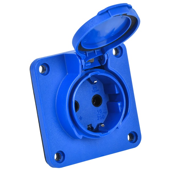 Розетка на панель с заземлением ИЭК MAGNUM РП17-3 2P+E 16A увеличенный фланец крышка IP54 синий