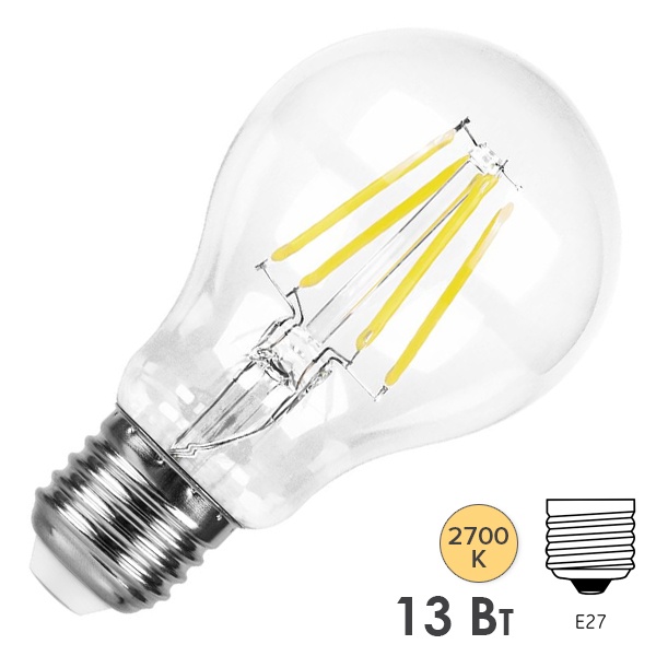 Лампа светодиодная филаментная Feron LB-613 A60 13W 2700K 220V E27 1110Lm прозрачная теплый свет