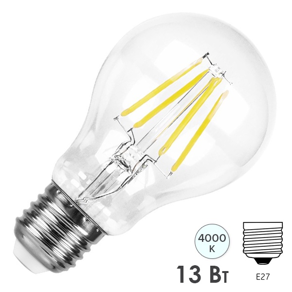 Лампа светодиодная филаментная Feron LB-613 A60 13W 4000K 220V E27 1140Lm прозрачная холодный свет