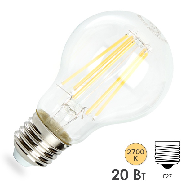 Лампа светодиодная филаментная Feron LB-620 A60 20W 2700K 220V E27 1750Lm прозрачная теплый свет