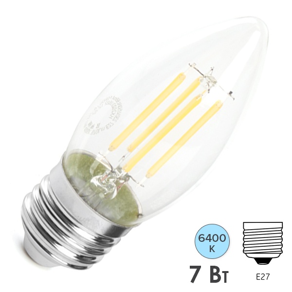 Лампа филаментная светодиодная свеча Feron LB-66 7W 6400K 220V E27 прозрачная