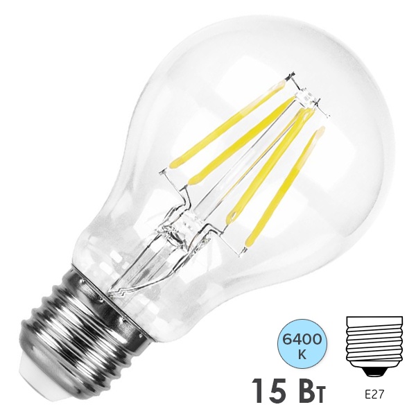 Лампа светодиодная филаментная Feron LB-615 A60 15W 6400K 220V E27 1370Lm прозрачная дневной свет
