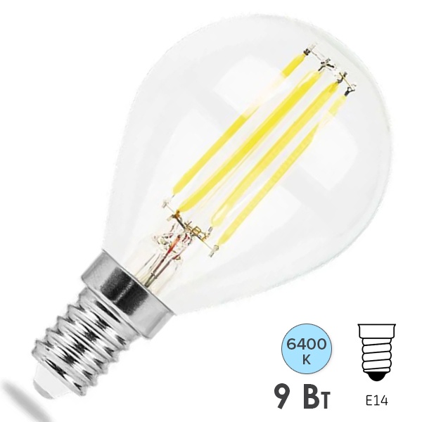 Лампа филаментная светодиодная шарик Feron LB-509 9W 6400K 220V E14 прозрачная