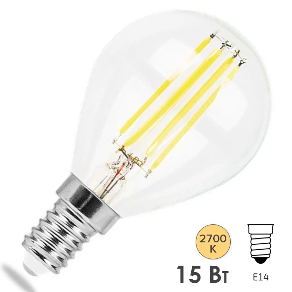 Лампа филаментная светодиодная шарик Feron LB-515 15W 2700K 220V E14 прозрачная
