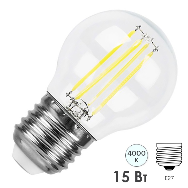 Лампа филаментная светодиодная шарик Feron LB-515 15W 4000K 220V E27 прозрачная