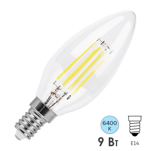Лампа филаментная светодиодная свеча Feron LB-73 9W 6400K 220V E14 прозрачная