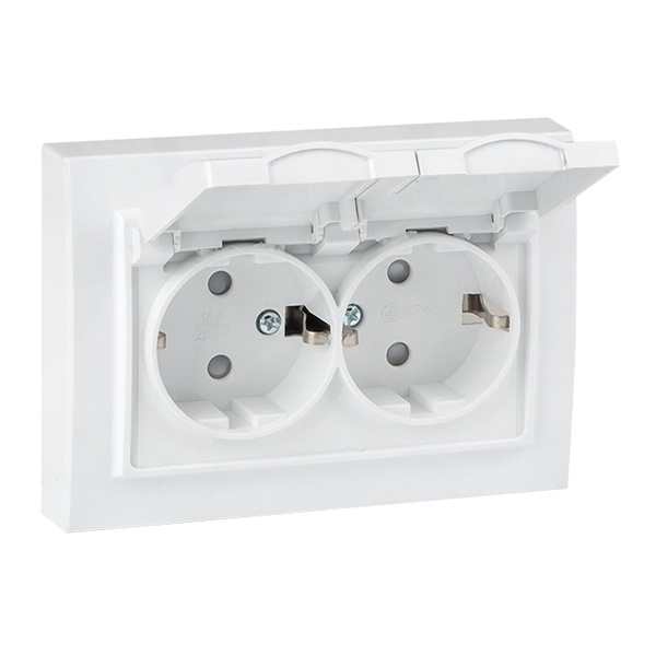 Розетка 2-местная с заземлением со шторками и крышками EKF Basic 16А IP44 Минск белый