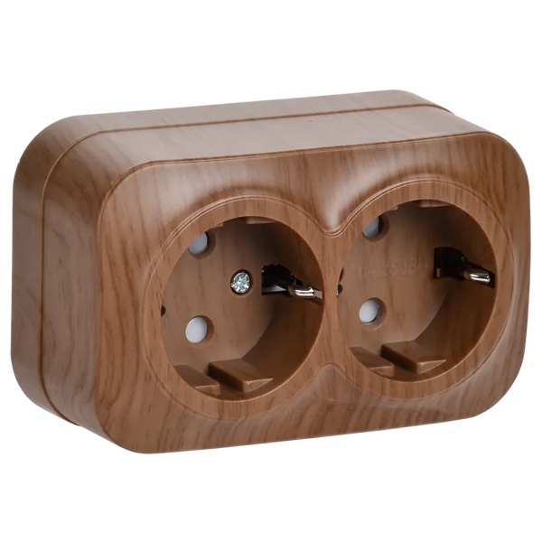 Накладная розетка 2-ая ИЭК GLORY с заземлением и шторками 16А РСш22-3-ХД дуб