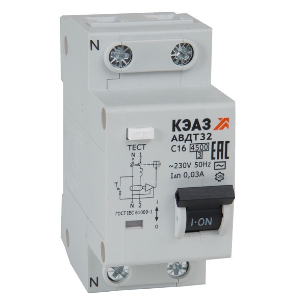 Дифавтомат КЭАЗ АВДТ32-22C6-АС-УХЛ4 2П С6А 30мА тип АС однофазный электронный 4,5кА (дифференциальный автомат, АВДТ)