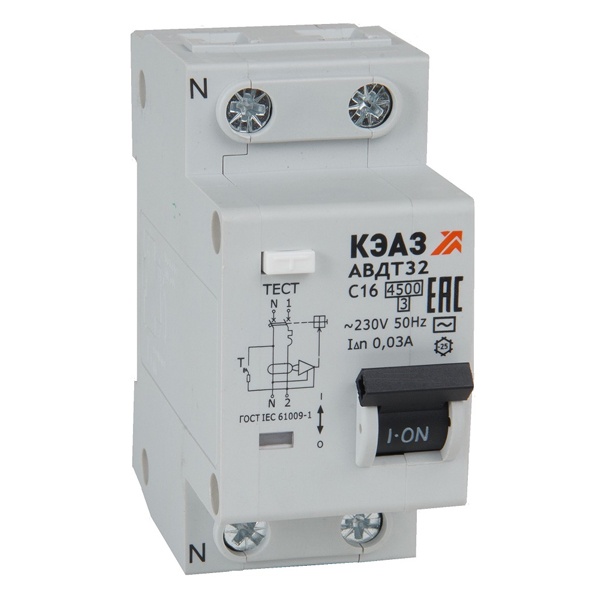 Дифавтомат КЭАЗ АВДТ32-22C20-АС-УХЛ4 2П С20А 30мА тип АС однофазный электронный 4,5кА (дифференциальный автомат, АВДТ)