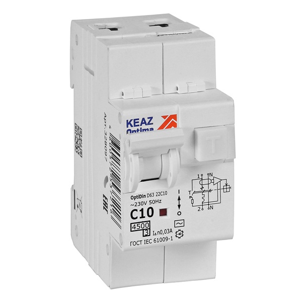 Дифавтомат КЭАЗ OptiDin D63-22C10-AC-У3 2П С10А 30мА тип АС однофазный электронный 4,5кА (дифференциальный автомат, АВДТ)