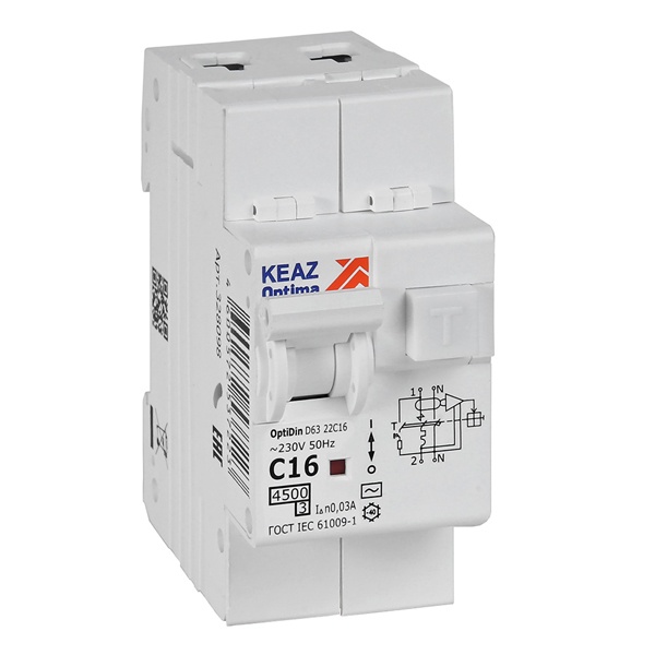 Дифавтомат КЭАЗ OptiDin D63-22C16-AC-У3 2П С16А 30мА тип АС однофазный электронный 4,5кА (дифференциальный автомат, АВДТ)