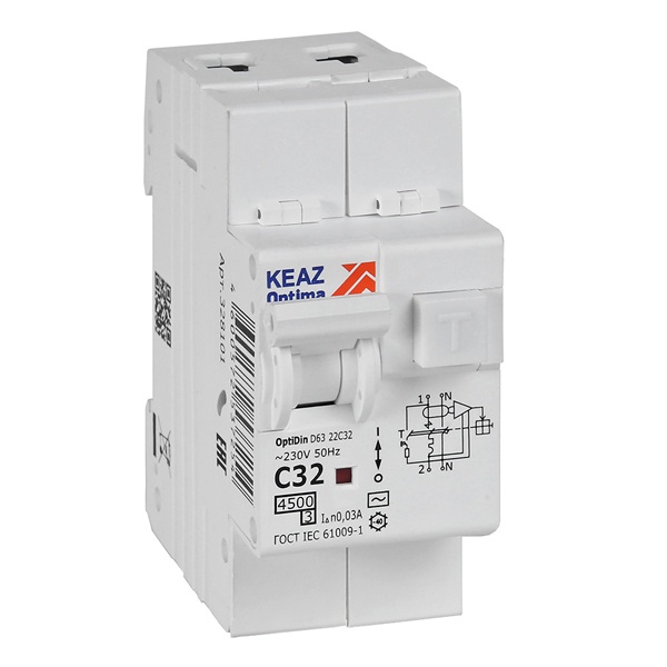 Дифавтомат КЭАЗ OptiDin D63-22C32-AC-У3 2П С32А 30мА тип АС однофазный электронный 4,5кА (дифференциальный автомат, АВДТ)