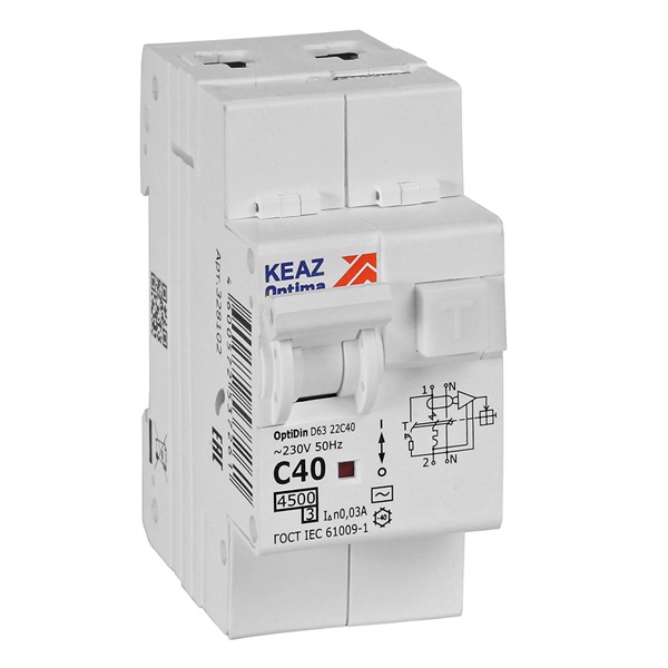 Дифавтомат КЭАЗ OptiDin D63-22C40-AC-У3 2П С40А 30мА тип АС однофазный электронный 4,5кА (дифференциальный автомат, АВДТ)