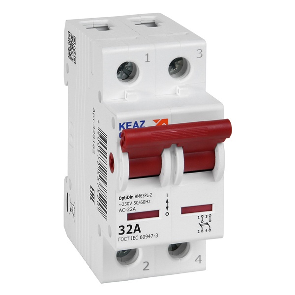 Выключатель нагрузки модульный КЭАЗ OptiDin BM63PL-232-УХЛ3 2П 32А 230В однофазный (рубильник)