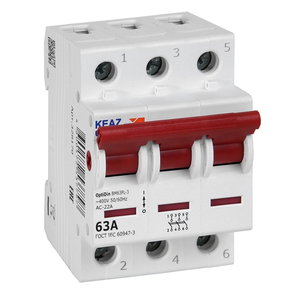 Выключатель нагрузки модульный КЭАЗ OptiDin BM63PL-363-УХЛ3 3П 63А 400В трехфазный (рубильник)