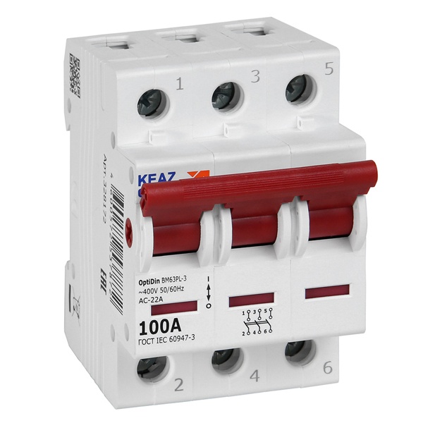 Выключатель нагрузки модульный КЭАЗ OptiDin BM63PL-3100-УХЛ3 3П 100А 400В трехфазный (рубильник)