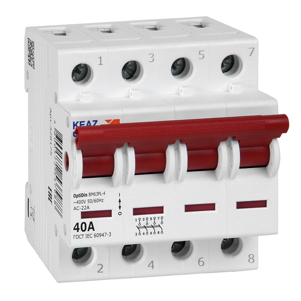 Выключатель нагрузки модульный КЭАЗ OptiDin BM63PL-440-УХЛ3 4П 40А 400В трехфазный (рубильник)
