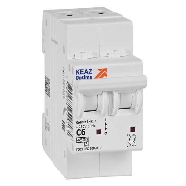 Автоматический выключатель КЭАЗ OptiDin BM63-2C6-4,5-УХЛ3 2P 6A C 4,5кА (автомат электрический)