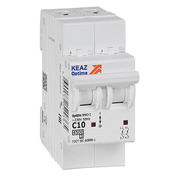 Автоматический выключатель КЭАЗ OptiDin BM63-2C10-4,5-УХЛ3 2P 10A C 4,5кА (автомат электрический)