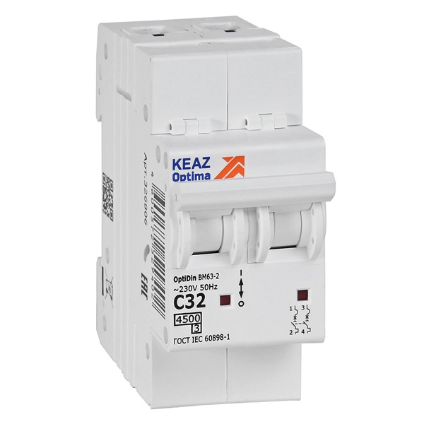 Автоматический выключатель КЭАЗ OptiDin BM63-2C32-4,5-УХЛ3 2P 32A C 4,5кА (автомат электрический)