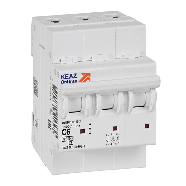 Автоматический выключатель КЭАЗ OptiDin BM63-3C6-4,5-УХЛ3 3P 6A C 4,5кА (автомат электрический)