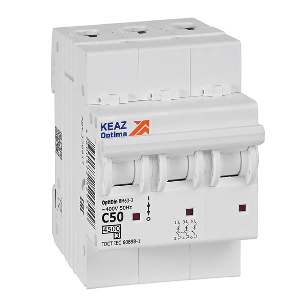 Автоматический выключатель КЭАЗ OptiDin BM63-3C50-4,5-УХЛ3 3P 50A C 4,5кА (автомат электрический)