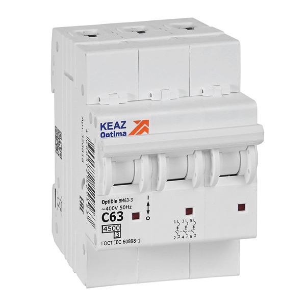 Автоматический выключатель КЭАЗ OptiDin BM63-3C63-4,5-УХЛ3 3P 63A C 4,5кА (автомат электрический)