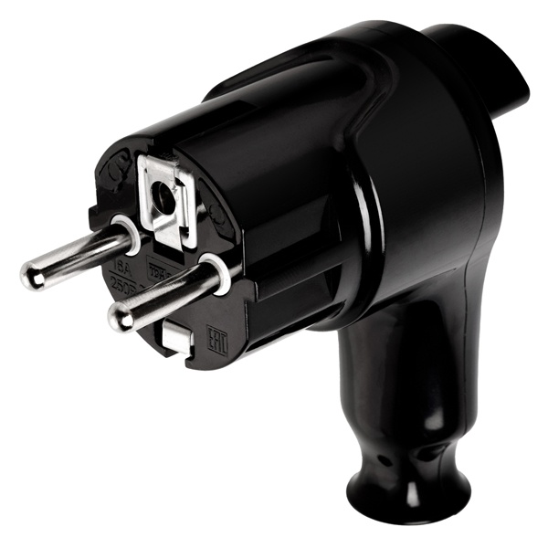 Вилка с заземлением и кнопкой извлечения из сети TDM 2P+E 16А угловая черная