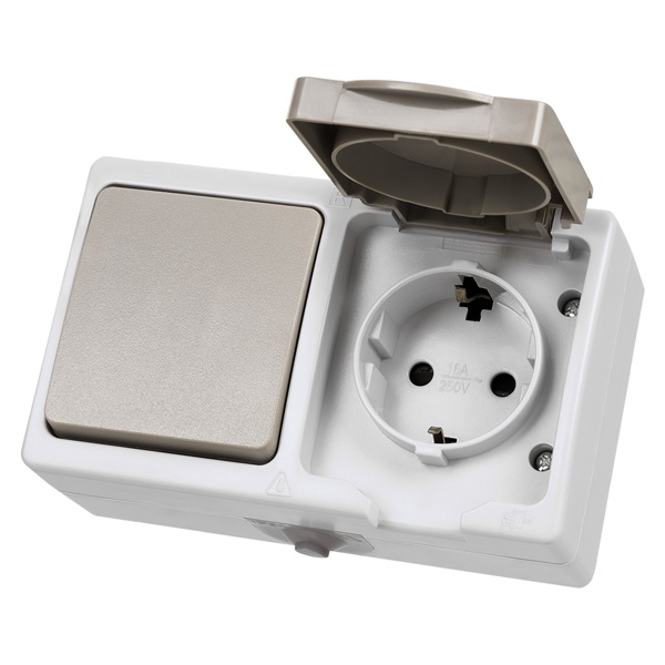 Блок (горизонтальный) TDM Вуокса выключатель одноклавишный+розетка 2П+З шторки IP54 белый