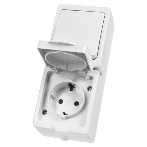 Блок (вертикальный) TDM Вуокса выключатель одноклавишный+розетка 2П+З шторки IP54 белый