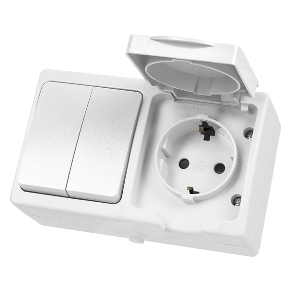 Блок (горизонтальный) TDM Вуокса выключатель двухклавишный+розетка 2П+З шторки IP54 белый