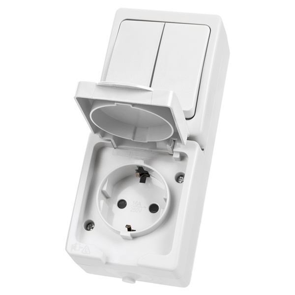 Блок (вертикальный) TDM Вуокса выключатель двухклавишный+розетка 2П+З шторки IP54 белый