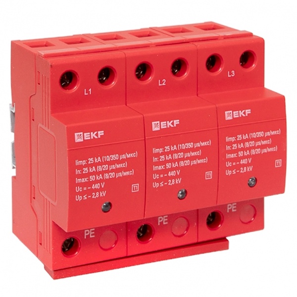 Устройство защиты от импульсных перенапряжений EKF Класс 1 Iimp 25kA (10/350?s) 3P 6 модуля