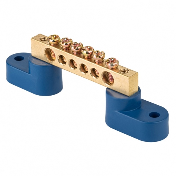 Шина EKF N (6х9мм) 100А 6 отверстий латунь 2 синих угловых изолятора синий