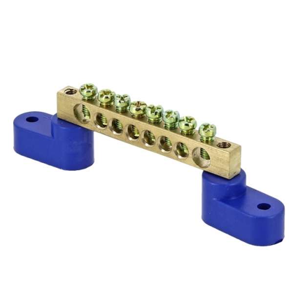 Шина EKF N (6х9мм) 100А 8 отверстий латунь 2 синих угловых изолятора синий