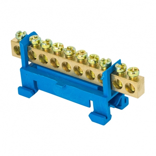 Шина EKF N (6х9мм) 100А 10 отверстий латунь изолятор тип Стойка, на DIN-рейку синий